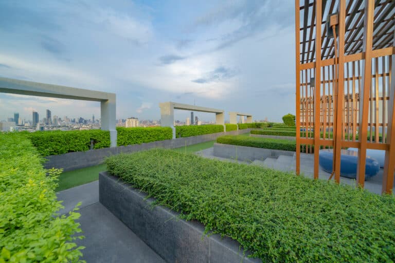 Sky garden on private rooftop of condominium or hotel, high rise architecture building with tree, grass field, and blue sky.